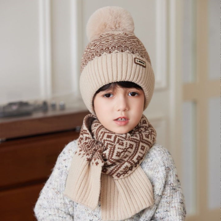 秋冬季儿童帽子围巾两件套装宝宝冬天保暖帽加厚防寒男女童毛线帽