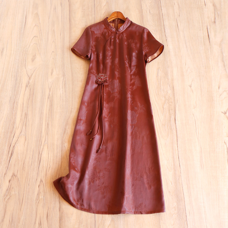 ￥960 秒！新中式重磅真丝红云纱冠乐绉旗袍连衣裙女49B2