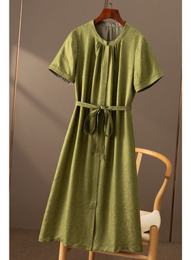 AA￥779 秒！优雅绞萝真丝小立领系带收腰短袖连衣裙女春天家6N08