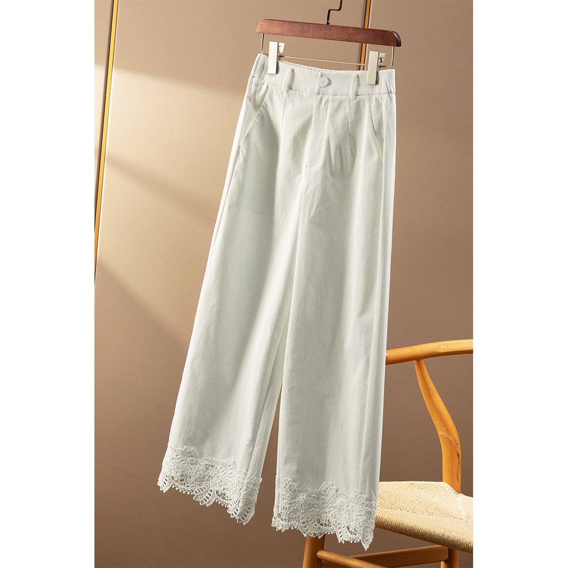 ￥249 秒！春天家 八分黄金比 拼接蕾丝高腰直筒阔腿裤女2Y50