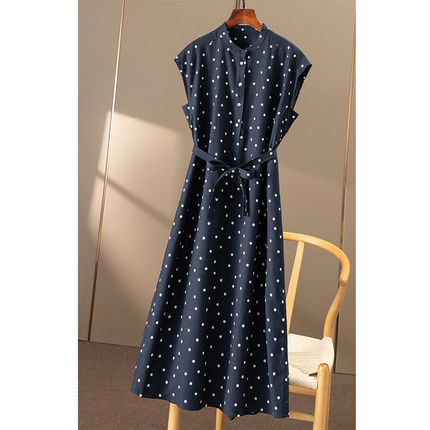 FF￥399 秒！ 法柜波点含亚麻包肩袖衬衫收腰连衣裙春天家女7W76