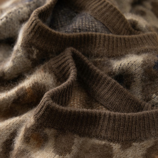 H春上7号 野性美 法柜豹纹提花羊绒羊毛拉绒圆领毛衣D女16J1