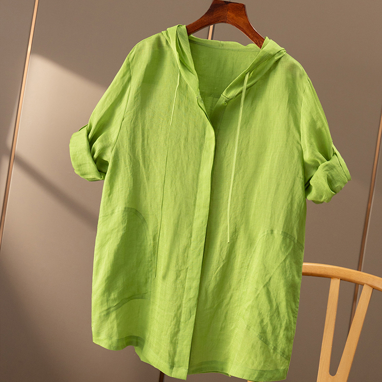 ￥499 秒！春天家 高品质多巴胺苎麻抽绳连帽长袖衬衫女8W67