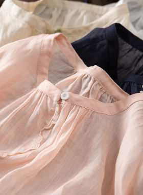 H春上7号 松弛浪漫 法柜100苎麻撞色刺绣圆领灯笼袖衬衫女23K7