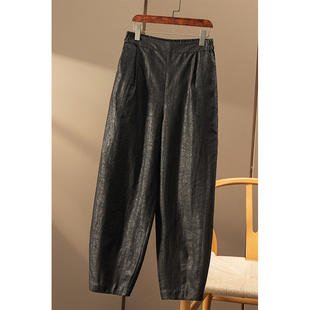 ￥709 秒！春上7号 重磅真丝香云纱龟裂纹九分锥形萝卜裤女02A9