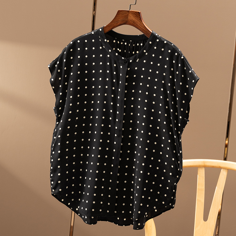 ￥439 秒！优雅 法G赫本风小波点真丝包肩袖衬衫春天家女27C8