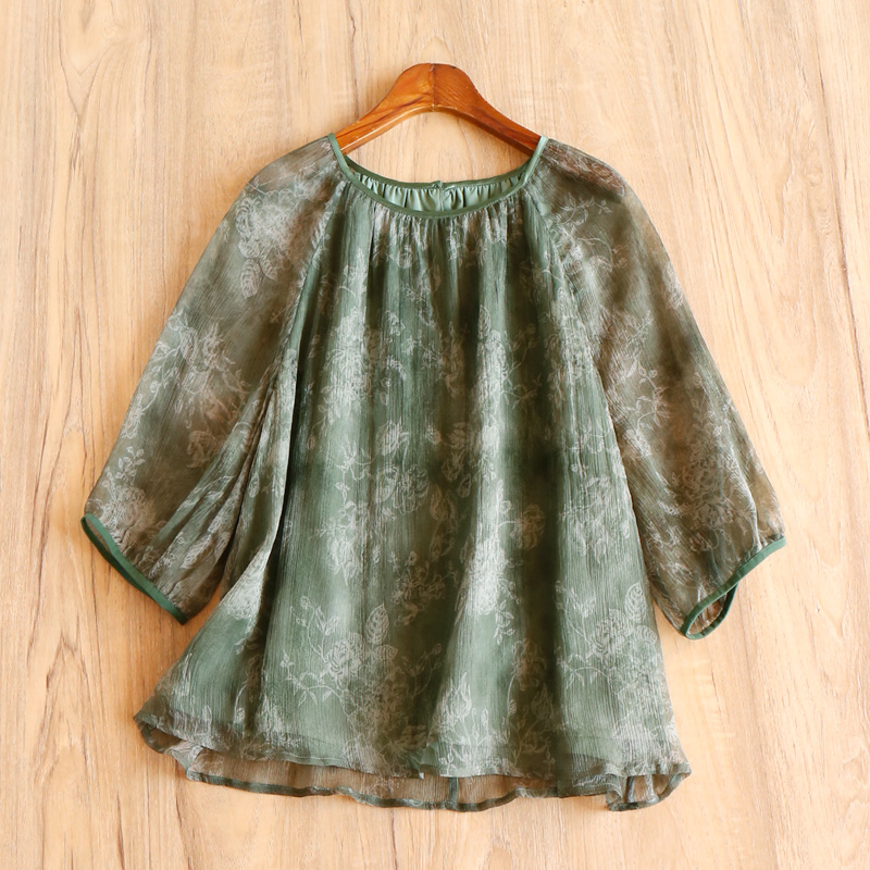 ￥379 秒！ 法G轻露肤真丝顺纡乔其印花七分袖衬衫春天家女58A6