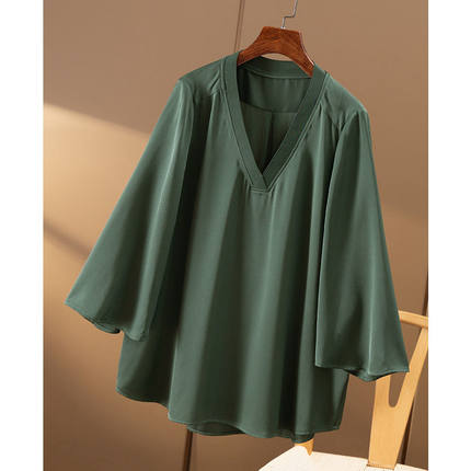 ￥719 秒！ 复古V领七分微喇袖圆弧摆真丝衬衫女春天家7J57