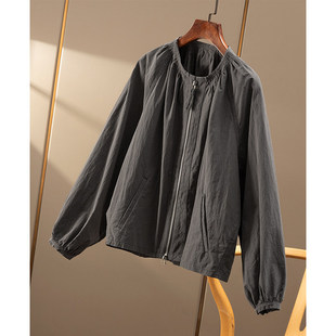 AA￥239 春天家 級简微皱肌理圆领长袖 休闲夹克外套女4Y06 秒