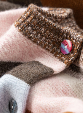 H春上7号 彩色条纹 法柜100美丽诺羊毛圆领嵌花毛衣开衫D女91E8