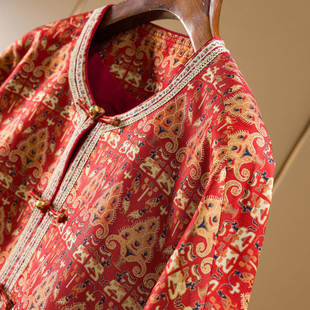 H春上7号 新年吉祥红 非遗蜀锦 新中式重磅真丝提花圆领外套99F6