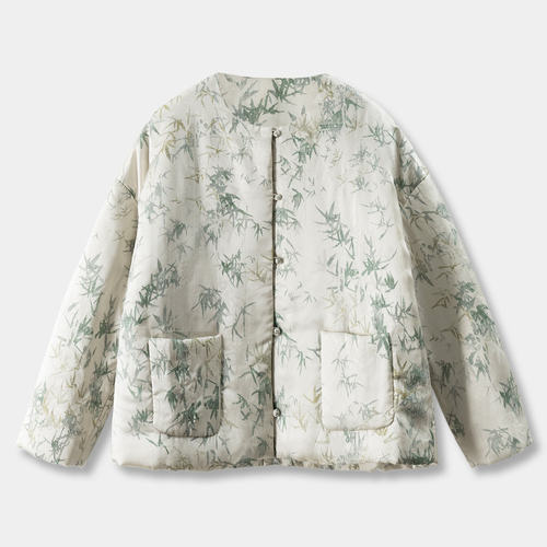 ￥709 秒！春天家国风 新中式含真丝水墨印花^提花棉服外套55F7