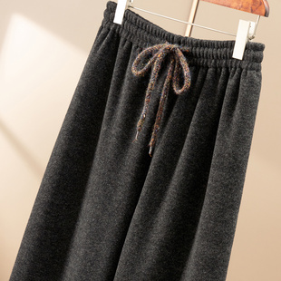 H春上7号 质价比！法G含羊毛系带松紧腰加绒直筒阔腿裤D女65F8 特
