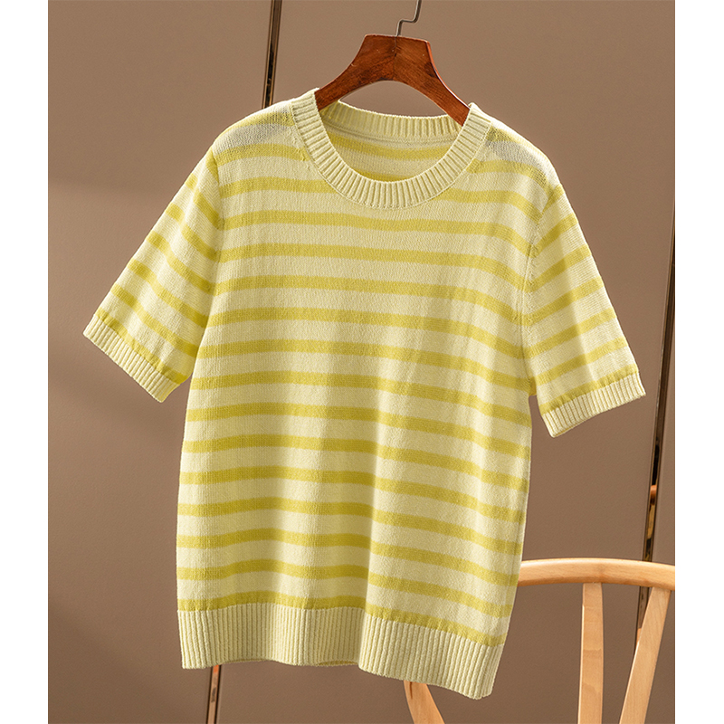 FF￥209 秒！可机洗琎口和纸纱条纹短袖针织衫T恤春天家女3Z95