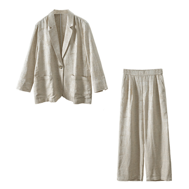￥339 秒！通勤 含亚麻暗纹提花西装外套+直筒裤女春天家6R74