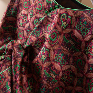 重磅缎面真丝香云纱印花衬衫 改良中式 T女31K3 红芳翠绿 H春上7号