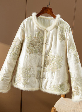 AA￥1180 秒！新中式 刺绣拼水貂毛圆领90鹅绒羽绒服女春天家4V06