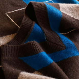 H春上7号 法柜100山羊绒撞色菱格提花V领毛衣D女83F2 复古文艺