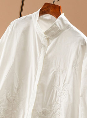H春上7号 雅致风骨 刺绣花朵中式盘扣立领A摆100棉白衬衫D女03G9