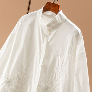 H春上7号 雅致风骨 刺绣花朵中式盘扣立领A摆100棉白衬衫D女03G9