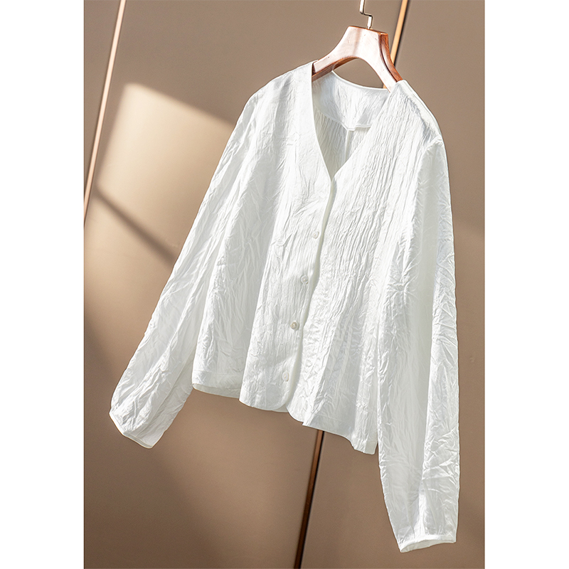 ￥279 秒！春天家 轻奢100醋酸褶皱肌理感V领长袖衬衫女3Y04