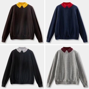 H春上7号 休闲100羊毛撞色假polo领半高领毛衣女55I8 有趣不单调