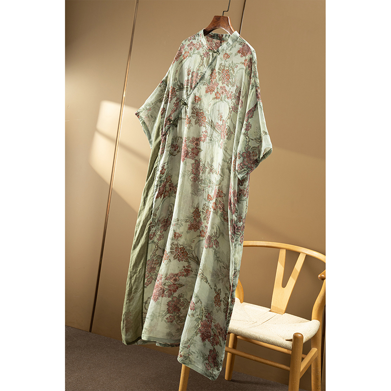 ￥299 秒！春天家 欧标苎麻 新中式复古印花立领连衣裙女1Y42