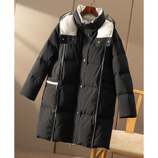 风90绒中长款 ￥1180 撞色工装 春天家 连帽加厚羽绒服女9N65 秒