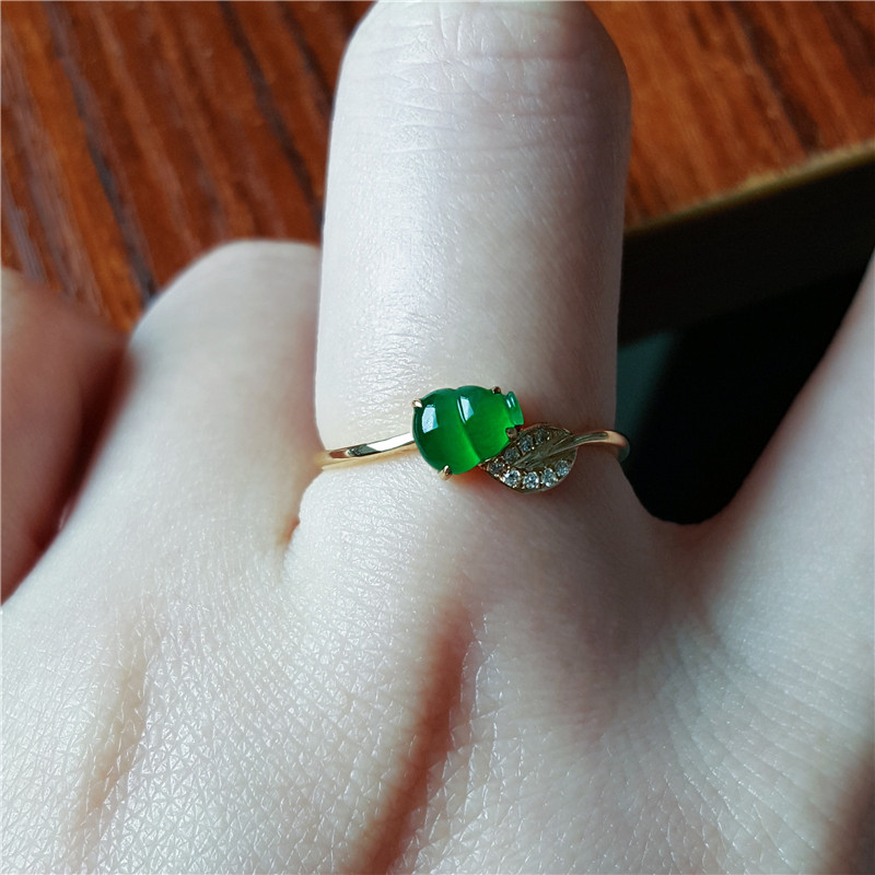 缅甸正品纯天然翡翠冰种阳绿葫芦镶嵌18k金翡翠指环金镶玉戒指