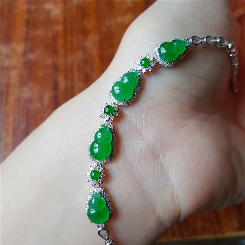 汉桑原创翡翠葫芦手链18k金镶嵌钻石天然冰种翡翠阳绿玉葫芦手链