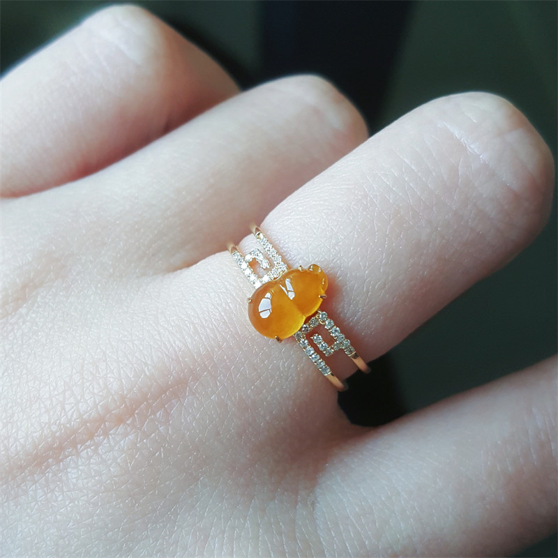 现货玉戒指天然缅甸a级翡翠戒指18k金镶嵌冰种翡翠橘黄翡葫芦戒指