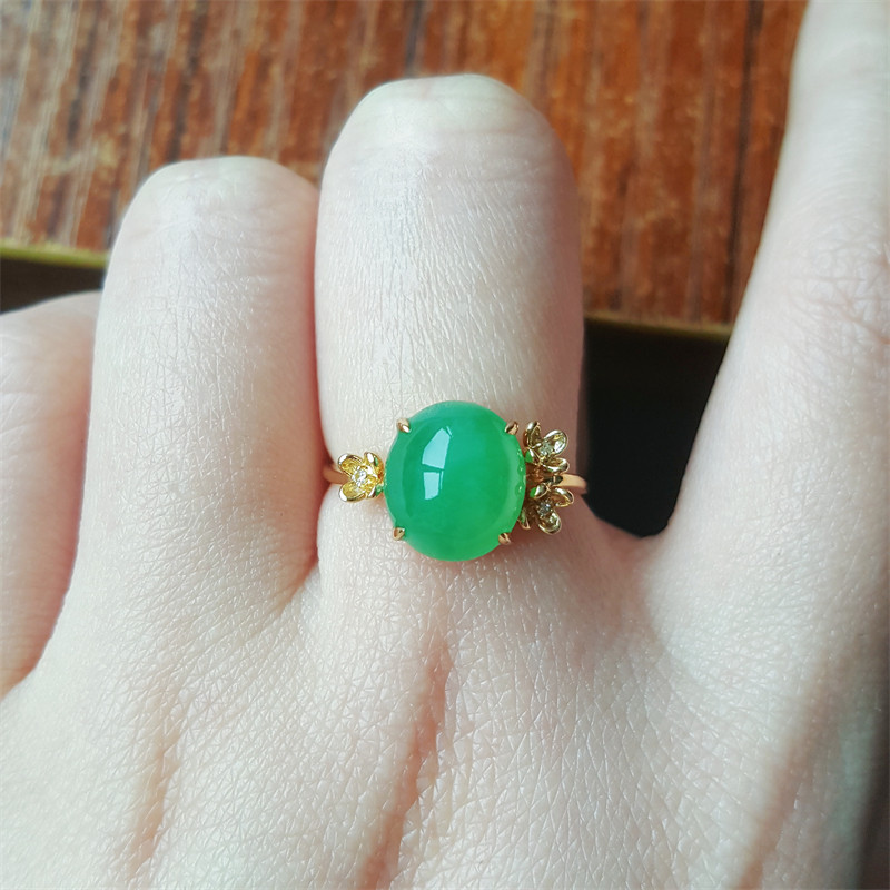 现货天然缅甸a级翡翠戒指冰种翡翠蛋面戒指18k金镶嵌翡翠指环女