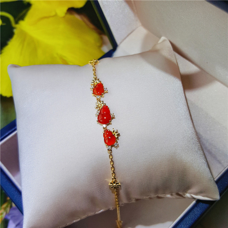 汉桑原创缅甸正品纯天然红翡葫芦镶嵌18k金手链女金镶玉A货手链