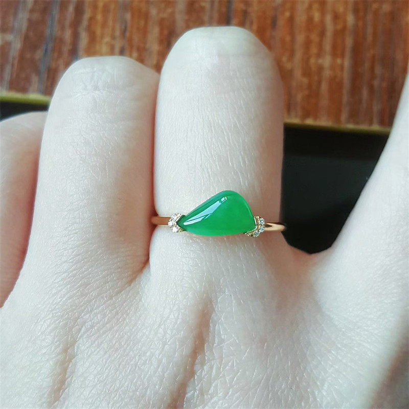 现货天然翡翠戒指女缅甸a级翡翠随形戒指18k金镶嵌翡翠指环玉戒指
