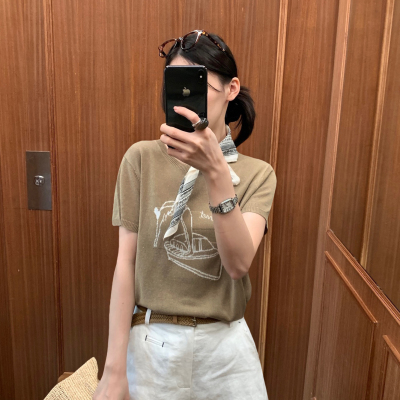 老钱风提花亚麻冰丝短袖针织衫