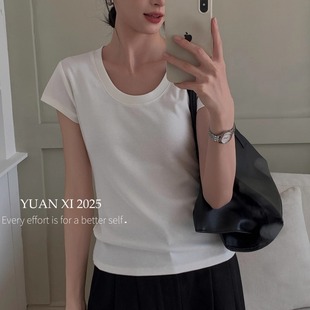 T恤简约正肩领修身 小蛮腰显瘦正肩U领短袖 显瘦上衣百搭休闲纯色