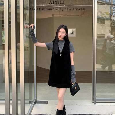 韩系V领黑色拼接背心连衣裙套装