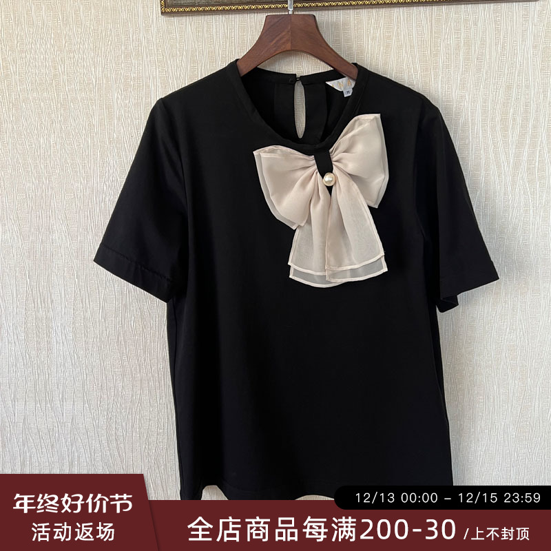 ANAM韩国代购新款女装胖mm夏装气质通勤蝴蝶结纯棉短袖t恤大码325