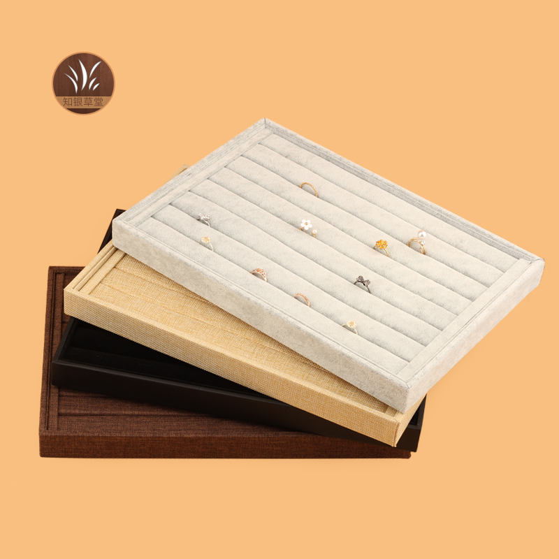 无盖平条戒指托盘冰花绒麻料耳钉盘黑绒展示架首饰展示道具