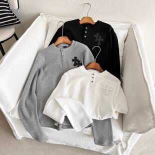 【年终清仓】华夫格十字架拼皮镀银刺绣男女款打底T恤亨利领长袖