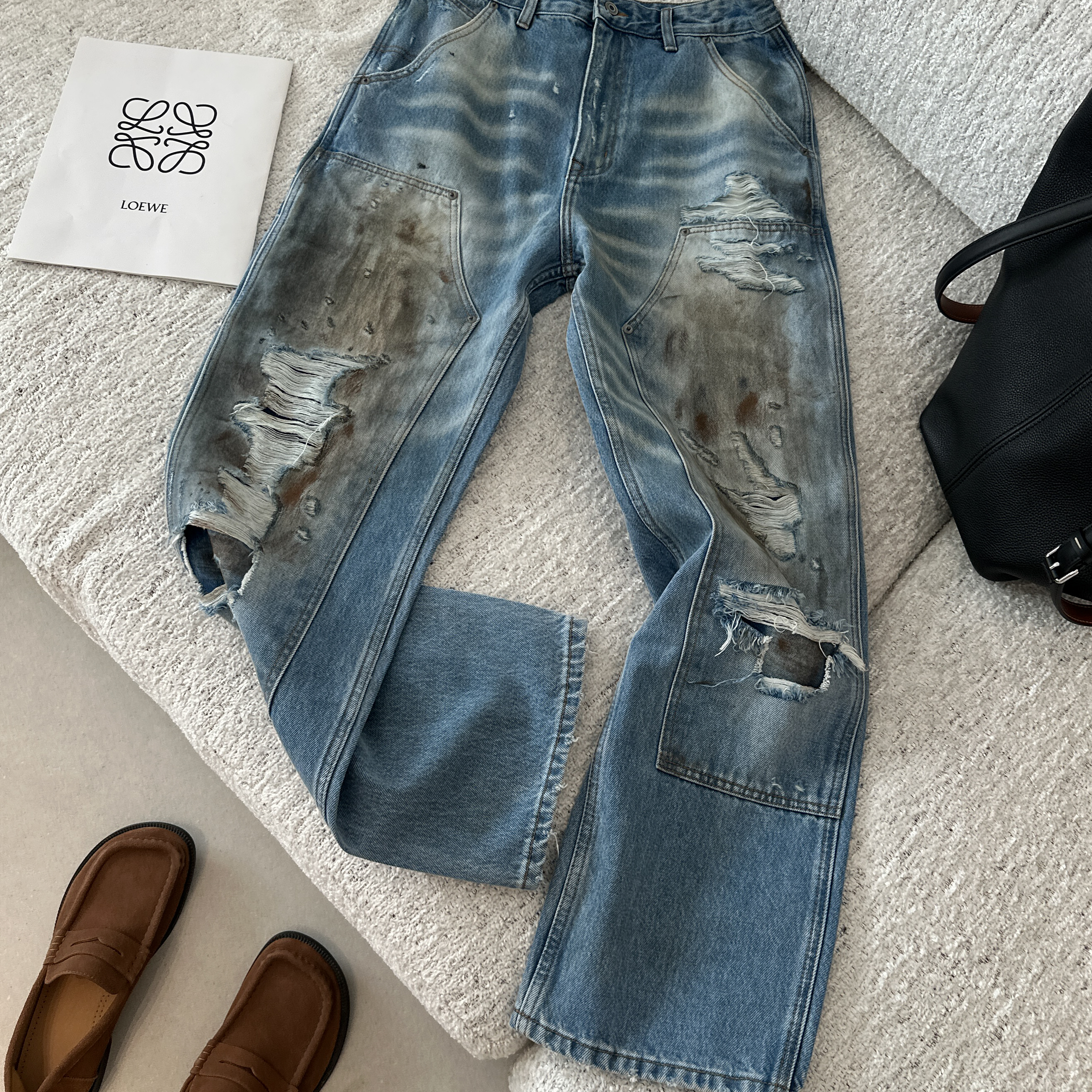 MM6水洗做旧破坏牛仔长裤外套