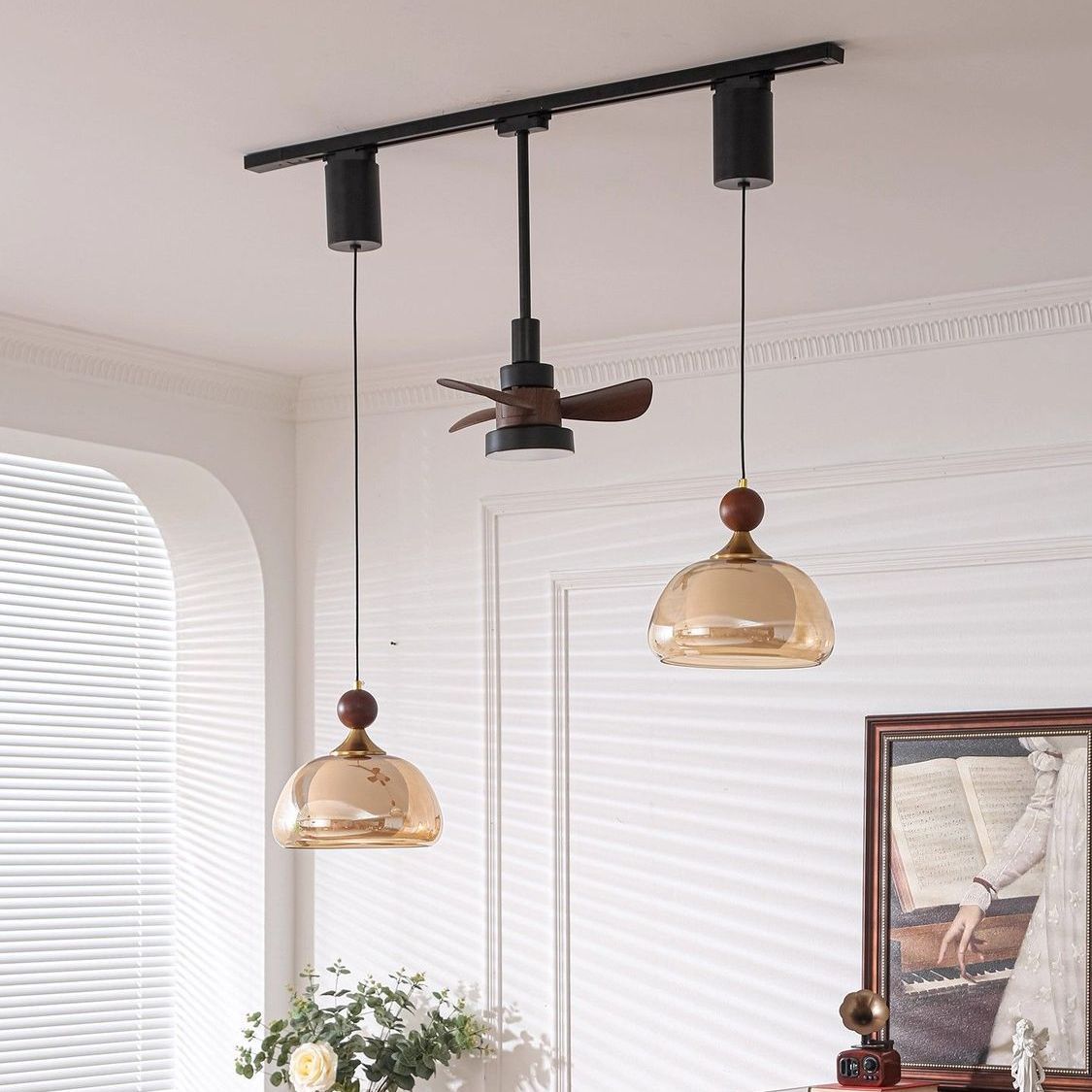 餐厅吊灯中古风可升降可移位轨道风扇灯复古玻璃餐桌岛台三头吊灯