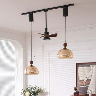 餐厅吊灯中古风可升降可移位轨道风扇灯复古玻璃餐桌岛台三头吊灯