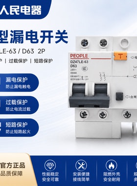 人民电器DZ47LE漏电保护器D型63a断路器220v空开2p漏保32a三相
