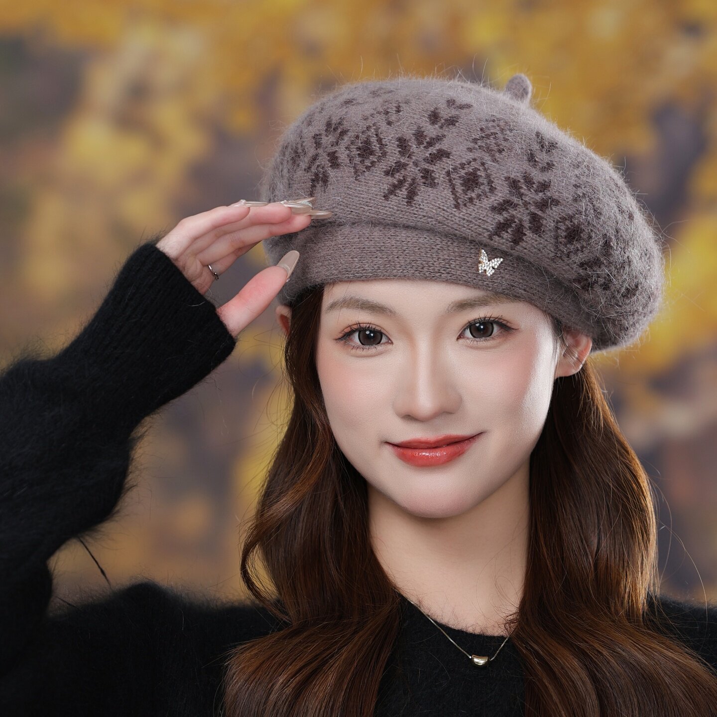兔毛帽子女冬季气质妈妈毛线帽文艺画家针织帽加厚保暖护耳贝雷帽