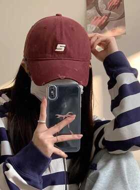 棒球帽女2024新款紫色字母圆顶百搭显脸小鸭舌帽美式破洞帽子学生