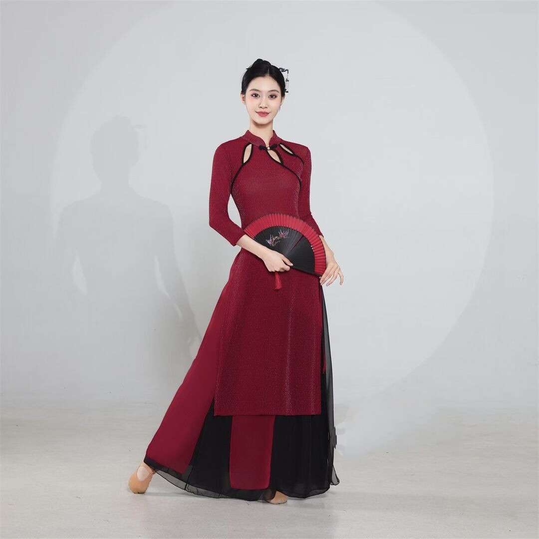 古典舞蹈服立领新中式表演服飘逸身韵酒红旗袍纱衣艺考演出服套装