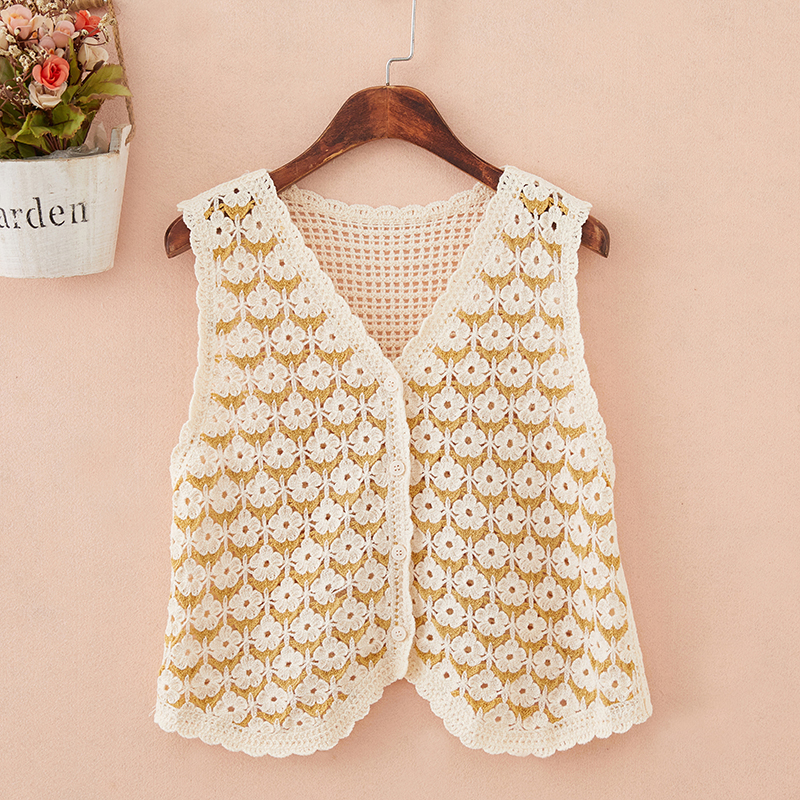 单排扣百搭短款V领镂空钩花马甲