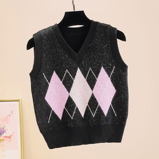 学院风上衣短款配衬衫的内搭秋季无袖菱格针织背心女款小个子马甲