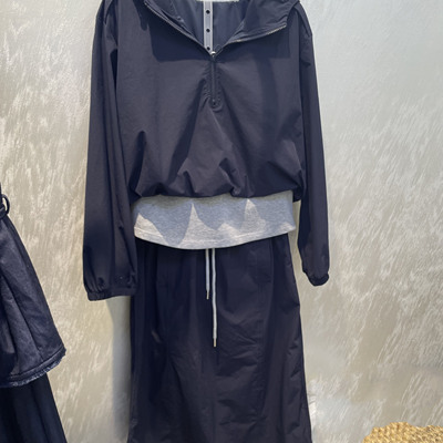 工装连帽假两件上衣松紧腰半身裙套装女2025秋美式休闲显瘦裙套装
